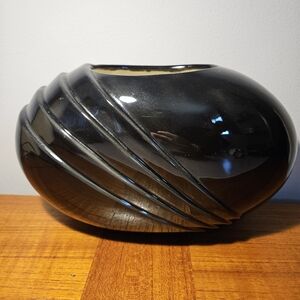 Vintage 80s Glossy Black Pleated Deco Style Vase